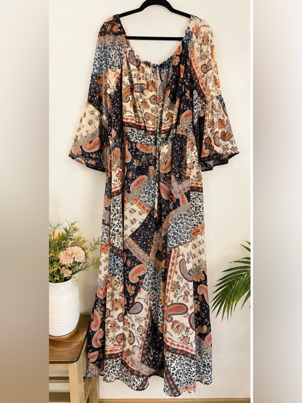 Boho Patchwork Paisley Maxi Dress in Navy and Cream